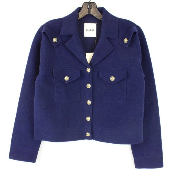 Sandro Sweaters - NWT Sandro Fleece Knit Coatigan with Lapel Shirt Collar in Blue/Gold FR Size 1